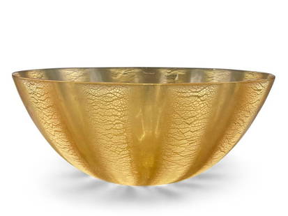 Alfredo Barbini Yellow Murano Glass Bowl: An Alfredo Barbini Murano glass frosted bowl. Barbini sticker on side. 5-1/2in tall x 13in wall. | Philadelphia Metro area delivery, NYC curbside delivery, and international third-party shipper inform