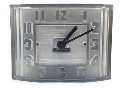 ATO Art Deco Crystal Clock: A Leon Hatot-designed ATO Art Deco crystal clock with raised numerals. Marked ATO on face. 7in tall x 9in wide. | Philadelphia Metro area delivery, NYC curbside delivery, and international third-party