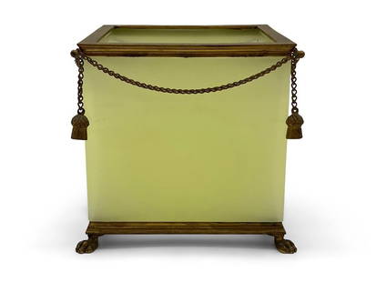 French Bronze and Opaline Glass Jardiniere: A French glass opaline jardiniere box with bronze rope and tassel swag and claw feet. Unmarked. 6-1/2in tall x 7in wide x 7in deep. | Philadelphia Metro area delivery, NYC curbside delivery, and inter