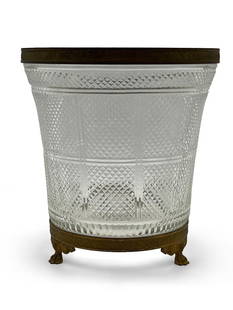 French Bronze and Cut Glass Cache Pot: A French Empire cut glass and dore bronze cache pot or ice bucket raised on paw feet. 10-1/8in tall x 9-1/2in diameter. | Philadelphia Metro area delivery, NYC curbside delivery, and international thi