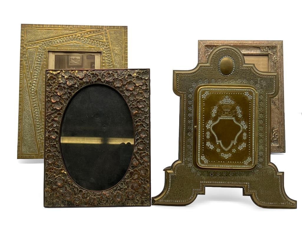 Four Mixed-Metal Picture Frames: A grouping of four mixed-metal picture frames, including bronze and more. Larger easel frame: 12-1/2in x 11in. | Philadelphia Metro area delivery, NYC curbside delivery, and international third-party
