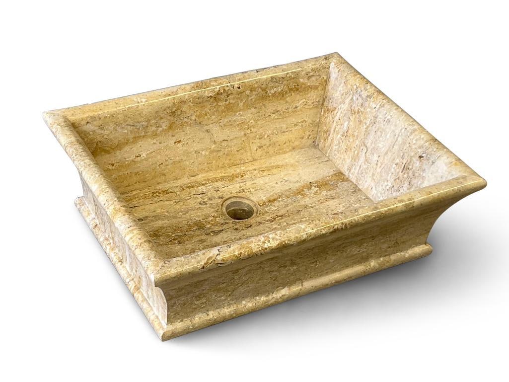 Modernist Travertine Marble Sink: A modernist travertine marble sink basin. 6in tall x 19in wide x 14-1/2in deep. | Philadelphia Metro area delivery, NYC curbside delivery, and international third-party shipper information are all ava