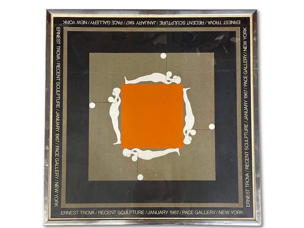 Ernest Trova Pace Gallery Poster: Ernest Trova (American, 1927-2009) An Ernest Trova Recent Sculpture poster from the Pace Gallery circa January 1967. Poster: 25-1/2in x 25-1/2in. Frame: 26-1/2in x 26-1/2in. | Philadelphia Metro area