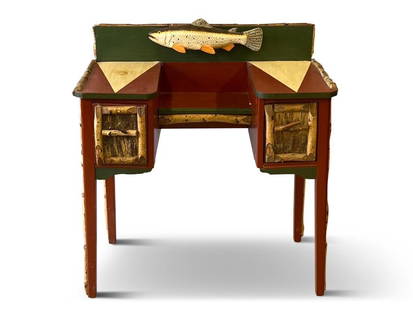 Adirondack Fish Camp Dressing Table: An Adirondack-style rustic dressing table having a painted case with birch elements and full body carved trout decoration. Crafted in Maine. Unsigned. 36in tall x 34in wide x 18in deep. | Philadelphia