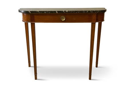 Federal-style Marble Top Console Table: A Federal-style mahogany console table with shaped marble top and faux drawer raised on tapering legs. 34in tall x 43in wide x 17in deep. | Philadelphia Metro area delivery, NYC curbside delivery, and