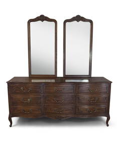Henredon French Oak Dresser and Mirrors: A Henredon Four Centuries Louis XV-style oak triple dresser on cabriole legs with two matching wall mirrors. Dresser: 33in tall x 72in wide x 20in deep. | Philadelphia Metro area delivery, NYC curbsid