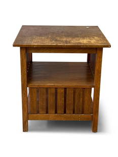 Stickley Oak Lamp Table: A contemporary Stickley Arts & Crafts oak two-tiered lamp table with a square top. 29in tall x 27in wide x 27in deep. | Philadelphia Metro area delivery, NYC curbside delivery, and international third
