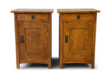 Pair of Stickley Oak Nightstands: A pair of contemporary Stickley Arts & Crafts oak nightstands. 29-1/4in tall x 20in wide x 16in deep. | Philadelphia Metro area delivery, NYC curbside delivery, and international third-party shipper i