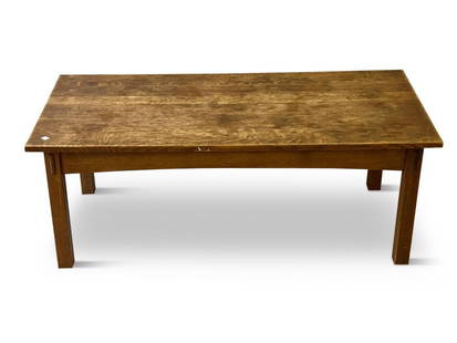 Stickley Oak Coffee Table: A contemporary Stickley Arts & Crafts oak coffee table. 17in tall x 46in wide x 22in deep. | Philadelphia Metro area delivery, NYC curbside delivery, and international third-party shipper information