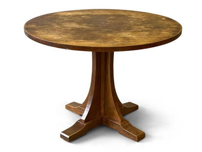 Stickley Oak Pedestal Dining Table: A contemporary Stickley Arts & Crafts oak pedestal dining or center table. 30in tall x 42in diameter. | Philadelphia Metro area delivery, NYC curbside delivery, and international third-party shipper i