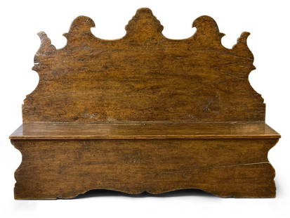 Formations Italian Baroque-style Piazza Bench: A Formations Italian Baroque-style walnut piazza bench with lift top storage seat and shaped back. Unmarked. 20th C. 57in tall x 79in wide x 17in deep. | Philadelphia Metro area delivery, NYC curbside