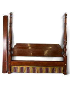 Ethan Allen Rice-Carved King Poster Bed: An Ethan Allen mahogany rice-carved four-poster king-sized bed. Has side rails. Headboard: 86in tall x 81-1/2in wide. | Philadelphia Metro area delivery, NYC curbside delivery, and international third