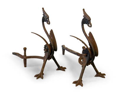 Pair Bradley and Hubbard Cast Iron Griffin Andirons: A pair of attributed Bradley and Hubbard cast iron griffin-form andirons. Each: 20-1/2in tall x 12in wide x 24in deep. | Philadelphia Metro area delivery, NYC curbside delivery, and international thir