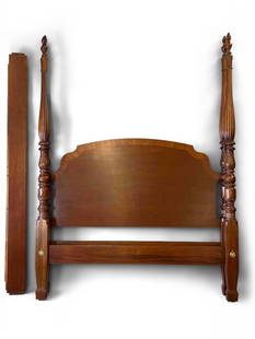 Ethan Allen Four-Poster Queen-size Bed: An Ethan Allen four-poster carved queen-size mahogany bed with rails. Headboard: 88in tall x 66in wide. | Philadelphia Metro area delivery, NYC curbside delivery, and international third-party shipper