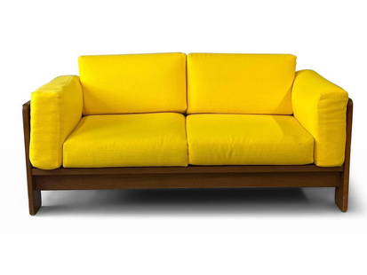 Tobia Scarpa Bastiano Settee: A Tobia Scarpa for Knoll International Bastiano settee upholstered in yellow marabou fabric. Sticker label. 28in tall x 60in wide x 30in deep. | Philadelphia Metro area delivery, NYC curbside delivery