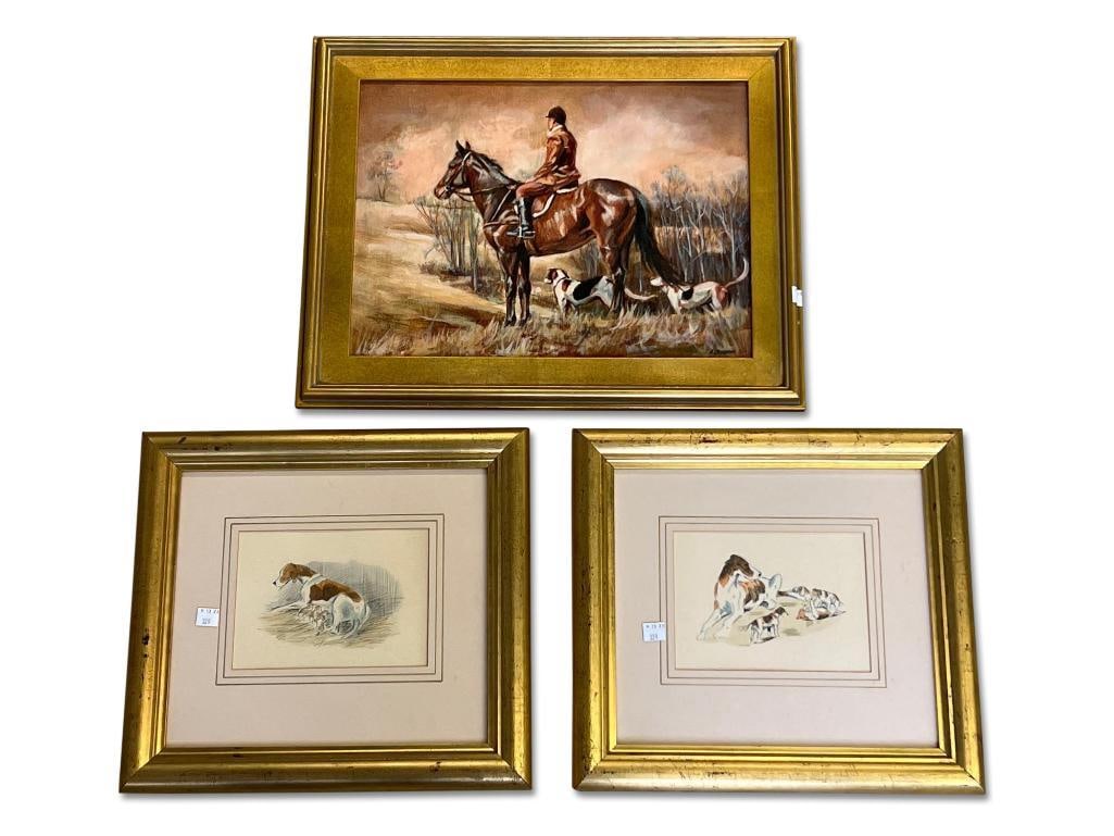 Hunt Scene Oil/Panel and Two Dog Prints: A gilt framed oil on panel fox hunt scene titled "John White on Longwood Less". Signed lower right and titled and dated verso. Together with two gilt framed prints of dogs. Larger panel: 12in x 16in.