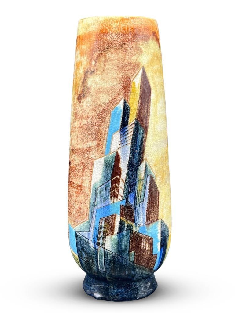 George Schreiber/Stonelain Skyscraper Vase: A George Schreiber for Stonelain glazed and incised earthenware vase with skyscrapers and geometric designs. Signed in glaze and marked on underside. 16-1/2in tall. Provenance: Chestnut Hill Arts & Cr