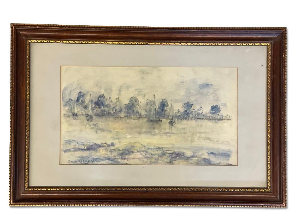 Prendergast. Oil/Paper, Sailboats: An oil on paper impressionist style painting of sailboats, signed Prendergast lower left. Mat opening: 8-1/2in tall x 14-1/2in wide. Frame: 15in tall x 23in wide. | Philadelphia Metro area delivery, N