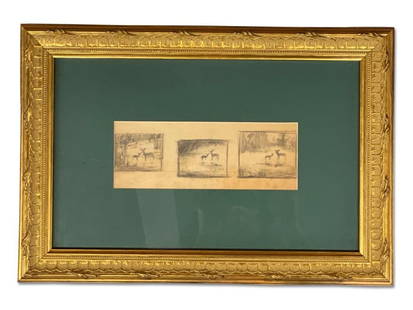 Attrib. A.F. Tait. Pencil/Paper, Hunt Scene: Attributed to Arthur Fitzwilliam Tait (British, 1819-1905) A pencil on paper illustration of hunt scene. Signed A.F. Tait center. In a gilt wood frame. Mat opening: 3in tall x 8in wide. 11in tall x 16