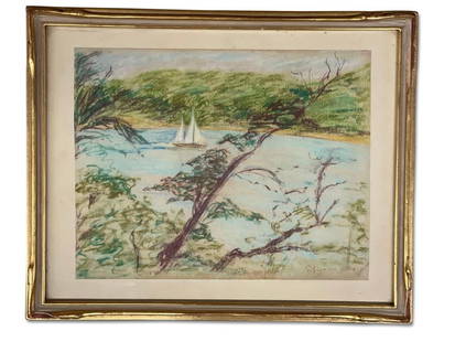 Attrib. P. Signac. Pastel/Paper, Landscape: Attributed to Paul Signac (French, 1863-1935) An oil pastel on paper landscape depicting trees and sailboat. Signed Paul Signac Giroux lower left. In a gilt wood frame. Mat opening: 9-1/2in tall x 11i