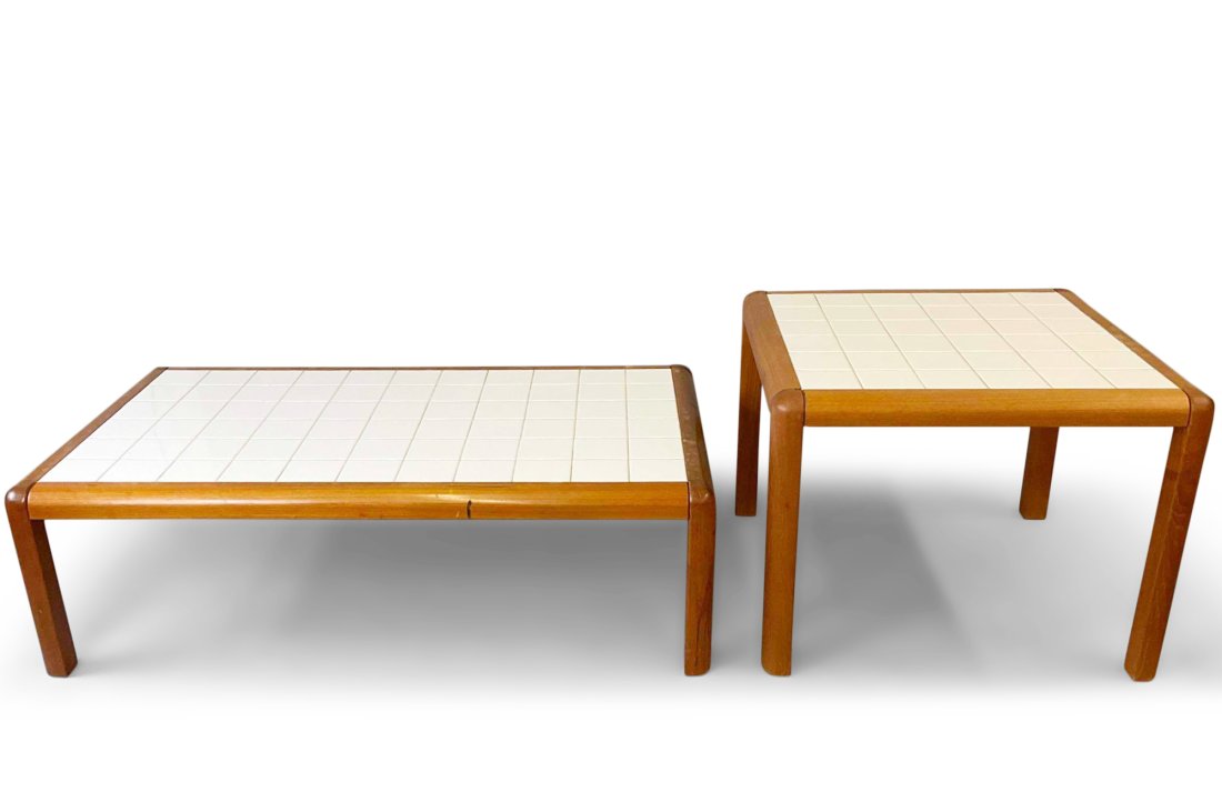 Snedkergaarden Tile Coffee Table and End Table: Snedkergaarden teak and title coffee table and end table. Coffee table: 16in tall x 51.5in wide x 30in deep. | Philadelphia Metro area delivery, NYC curbside delivery, and international third-party sh