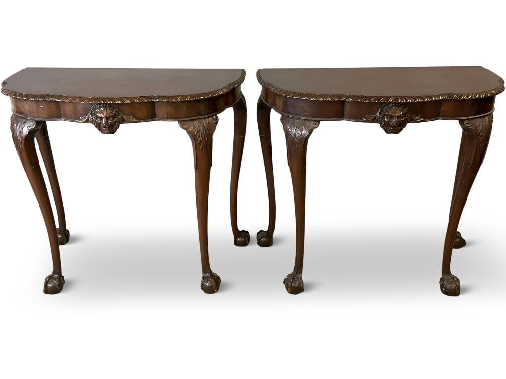 Pair of Carved Mahogany Demilune Tables (1 of 7)