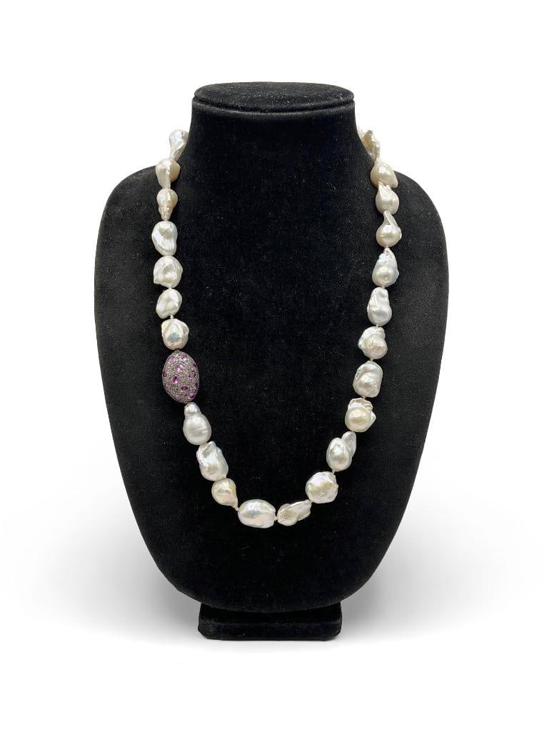 Baroque Pearl Necklace with Ruby & Diamond Clasp (1 of 4)