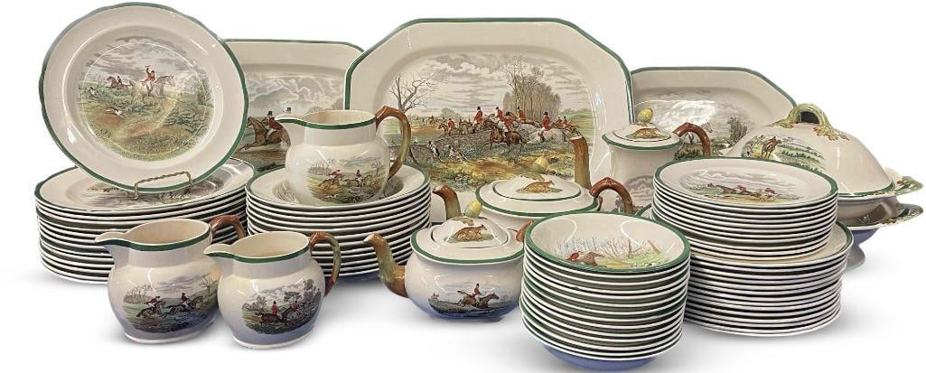Copeland Spode Hunt Scene Porcelain: A 175-piece grouping of Copeland Spode Hunt Scene porcelain to include plates, serving trays, teacups, coffee cups, saucers, egg cups, and more. Marked Copeland Spode. Largest piece: 16in wide. | Phil