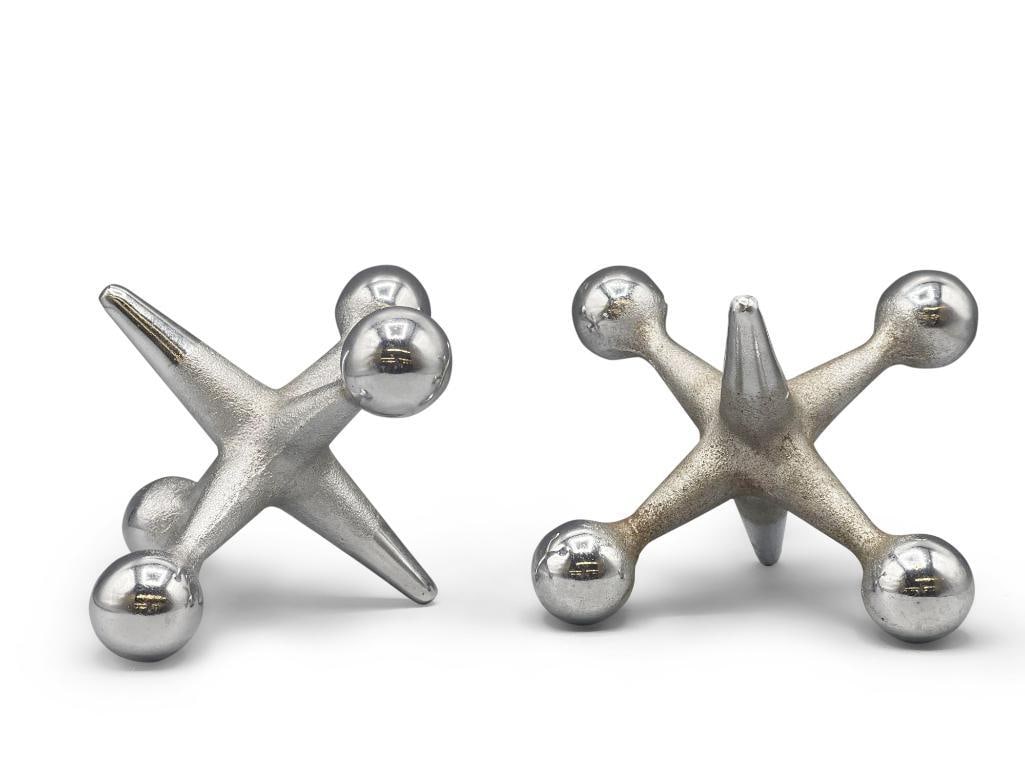 Two Bill Curry/Design Line Chrome Jacks: A pair of Bill Curry for Design Line chrome jacks. 4-1/2in tall x 8in wide. | Philadelphia Metro area delivery, NYC curbside delivery, and international third-party shipper information are all availab