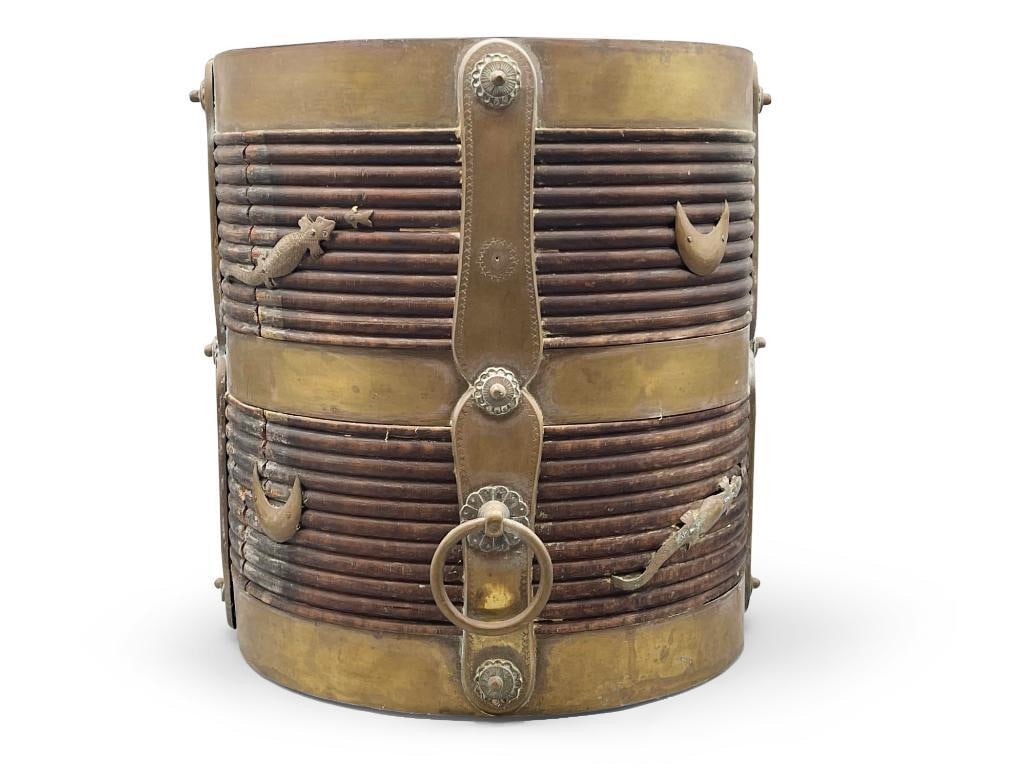 Anglo-Indian Wood Bucket with Brass Mounts: An Anglo-Indian wood bucket with brass animal form mounts. 11-1/2in tall x 10-1/2in wide. | Philadelphia Metro area delivery, NYC curbside delivery, and international third-party shipper information a