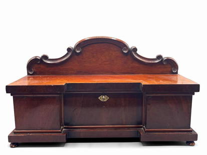 Miniature William IV Sideboard Tea Caddy: A miniature William IV sideboard tea caddy with three interior compartments. Key is present. 12in tall x 20in wide. | Philadelphia Metro area delivery, NYC curbside delivery, and international