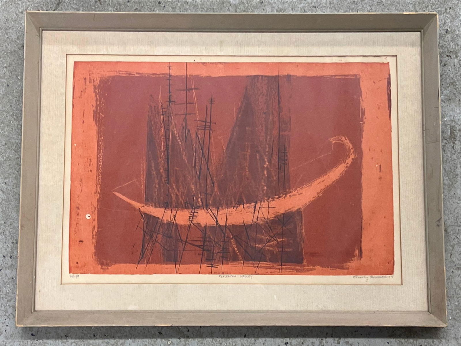 Dorothy Bowman. Signed Lithograph: Dorothy Louise Bowman (American, 20th C.). A red abstract lithograph titled "Reflected Gallery". Signed lower right and numbered edition 40. Mat opening: 13-1/2in x 19-1/2in. Frame: 18-1/2in x 24-1/2i