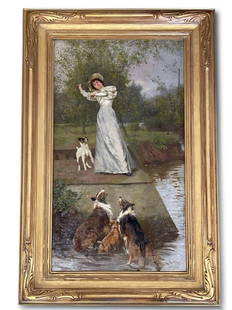 Arthur Wardle. Oil/Canvas, Woman with Collies: Arthur Wardle (British, 1864-1949). An oil on canvas of a Victorian woman playing fetch with four dogs. Signed lower left. In a gilt wood frame. Canvas: 25-1/2in x 14-1/2in. Frame: 32in x 21-1/2in. |