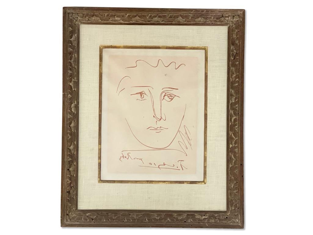 After Pablo Picasso Etching, L'Age du Soleil: An after Pablo Picasso etching of "L'Age du Soleil Pour Roby". Mat opening: 9-1/2in x 7-1/2in. Frame: 16in x 13in. | Philadelphia Metro area delivery, NYC curbside delivery, and international third-pa