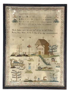 18th C. Martha Faithful Sampler: An 18th C. hand-embroidered fabric sampler done by Martha Faithful on Sept. 22 1797 "at Mrs. Venthams Boarding School Winton", with a poem at the top and pastoral scene at the bottom, surrounded by a