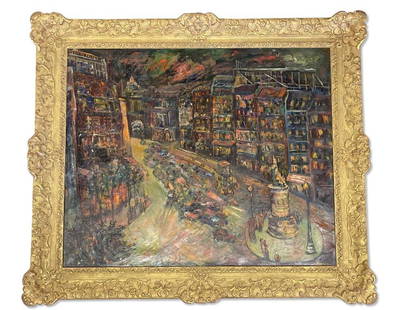 Beris. Oil/Canvas, City Scene: An oil on canvas depicting an abstracted busy city street scene. Signed "Beris" lower right. In a gilt wood frame. Canvas: 30-1/2in x 39in. Frame: 40-1/2in x 48in. | Philadelphia Metro area delivery,