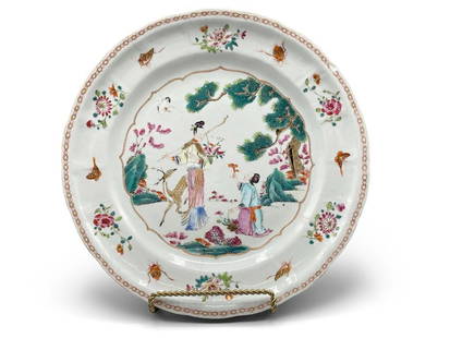 Chinese Famille Rose Porcelain Charger: A Chinese famille rose porcelain charger with insect border and deer with figures in the center. 14in tall x 13-1/2in wide. | Philadelphia Metro area delivery, NYC curbside delivery, and international