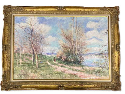 John Clymer. Oil/Canvas, Landscape.: John Clymer (British, b.1932). An oil on canvas landscape of a couple strolling among trees. In gilt wood frame. Signed lower left. Canvas: 24in x 36in. Frame: 31-1/2in x 43-1/2in. | Philadelphia Metr