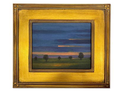 Unsigned Oil/Canvas, Sunset: An unsigned oil on canvas depicting a sunset and trees. In a gilt wood frame. Canvas: 8in tall x 10in wide. Frame: 13-1/2in tall x 15-1/2in wide. | Philadelphia Metro area delivery, NYC curbside deliv