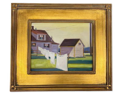 Unsigned Oil/Canvas, Homestead Scene: An unsigned oil on canvas of laundry hanging to dry outside the homestead. In a gilt wood frame. Canvas: 8in x 10in. Frame: 13-1/2in x 15-1/2in. | Philadelphia Metro area delivery, NYC curbside delive