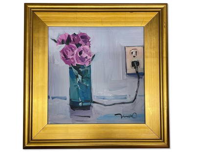 Jose Trujillo. Oil/Canvas, Electric Flowers: An oil on canvas depicting a vase of roses plugged into an electrical outlet. Signed "Trujillo" lower right, In a gilt wood frame. Titled verso. Canvas: 12in x 12in. Frame: 17in x 17in. | Philadelphia