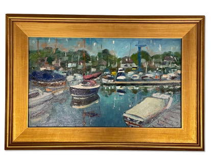 Gilt-framed Oil/Board, Harbor Scene: An oil on board depicting a colorful harbor. Illegibly signed lower right. In a gilt wood frame. Board: 12in x 20in. Frame: 17-1/2in x 25-1/2in. | Philadelphia Metro area delivery, NYC curbside delive