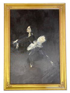 Unsigned. Oil/Canvas, Ballerina: An unsigned oil on canvas of a posed ballerina. In a luminous custom Sande Webster gilt wood frame with gallery tag on back. Canvas: 35-1/2in x 23-1/2in. Frame: 41-1/2in x 29-1/2in. | Philadelphia Met