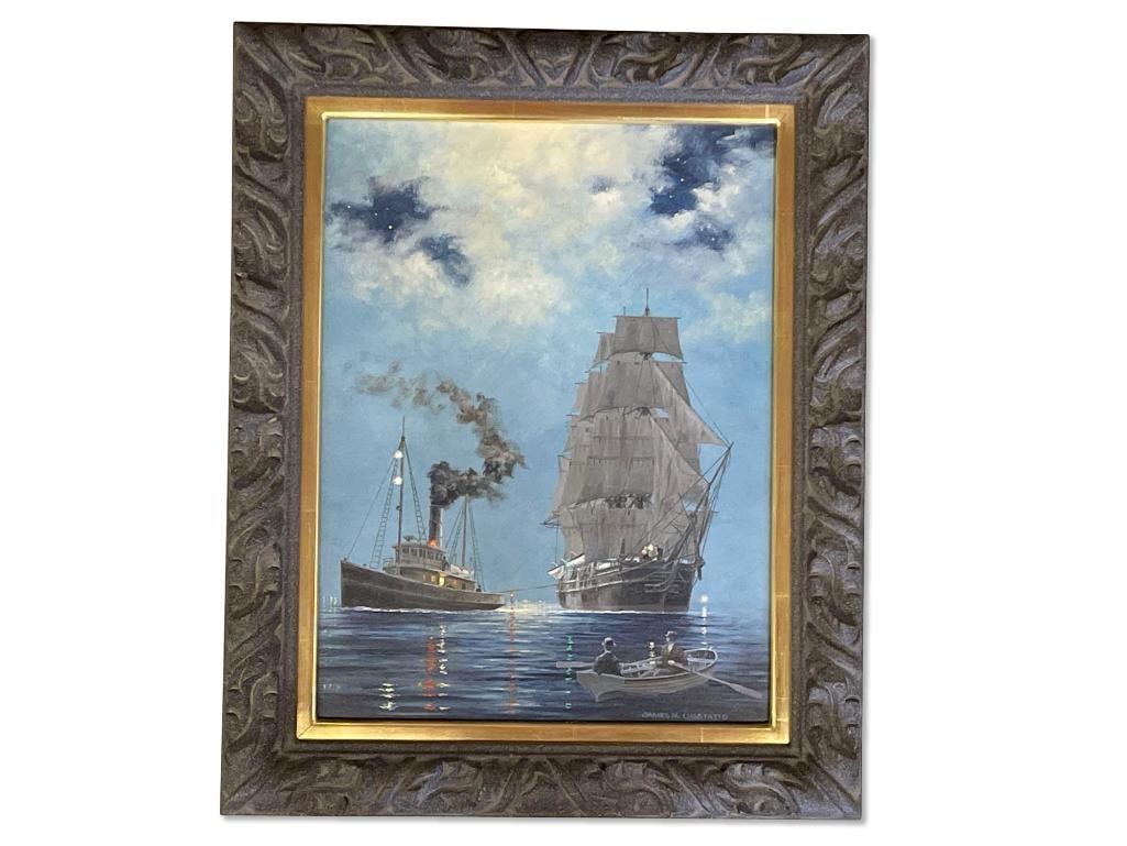 James M. Umstattd. Acrylic/Board, Ships: James M. Umstattd (American, 20th C.). An acrylic on board of two ships at dusk. Signed lower right, with Walnuts Frame Design tag verso. Board: 15in x 12in. Frame: 20in x 16in. | Philadelphia Metro a