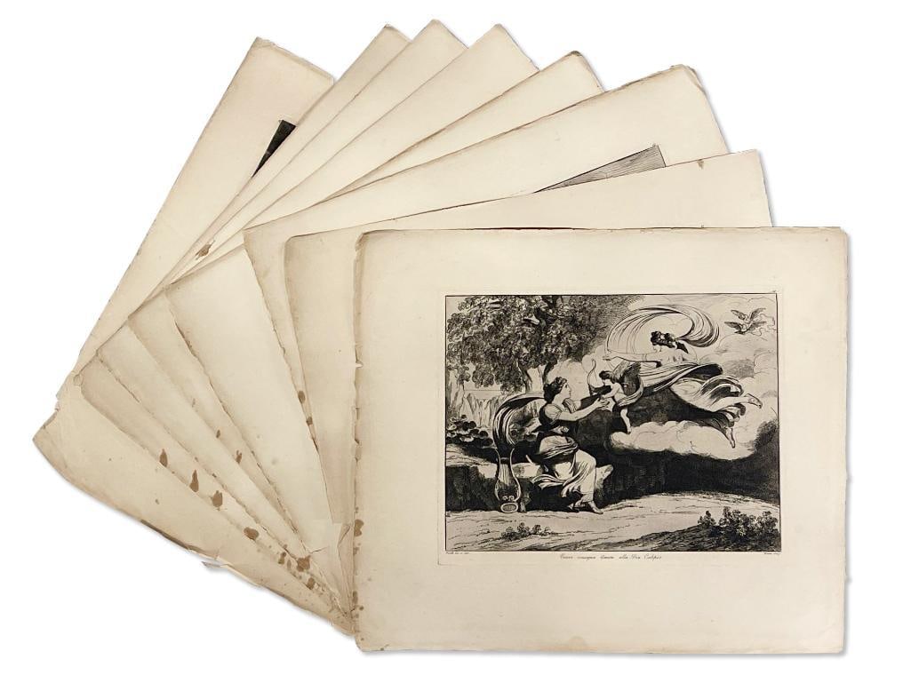 Eight Bartolomeo Pinelli Roman Engravings.: Bartolomeo Pinelli (Italian, 1781-1835). Eight black and white engravings featuring Roman mythology scenes. Each marked "Pinelli" lower left and "Roma 1827" lower right. Images: 11in x 13-1/2in. Paper