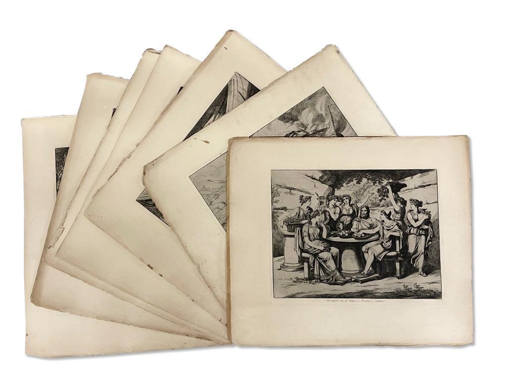 Eight Bartolomeo Pinelli Roman Engravings: Bartolomeo Pinelli (Italian, 1781-1835). Eight black and white engravings featuring Roman mythology scenes. Each marked "Pinelli" lower left and "Roma 1827" lower right. Images: 11in x 13-1/2in. Paper