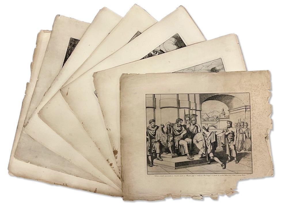 Eight Bartolomeo Pinelli Roman Engravings: Bartolomeo Pinelli (Italian, 1781-1835). Eight black and white engravings featuring Roman mythology scenes. Each marked "Pinelli" lower left and "Roma 1827" lower right. Images: 11in x 13-1/2in. Paper