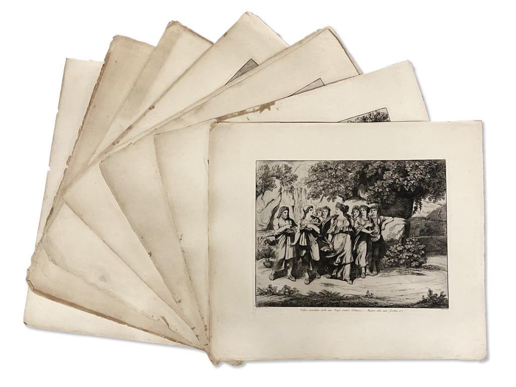 Eight Bartolomeo Pinelli Roman Engravings: Bartolomeo Pinelli (Italian, 1781-1835). Eight black and white engravings featuring Roman mythology scenes. Each marked "Pinelli" lower left and "Roma 1827" lower right. Images: 11in x 13-1/2in. Paper