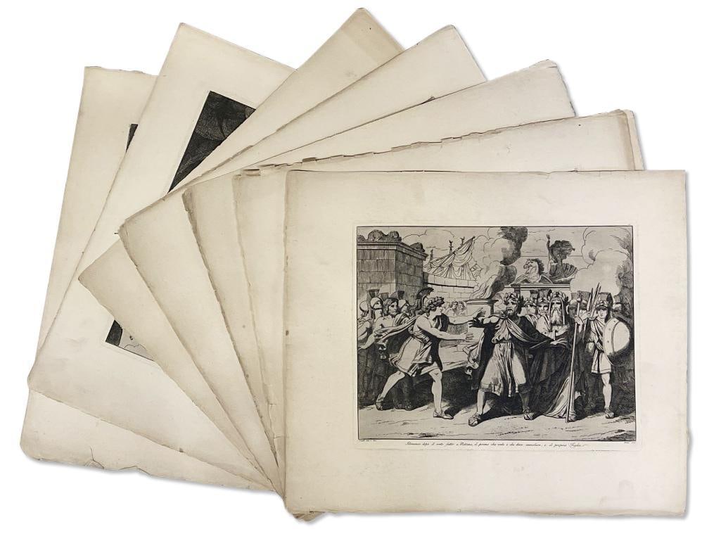 Eight Bartolomeo Pinelli Roman Engravings: Bartolomeo Pinelli (Italian, 1771-1835). Eight black and white engravings depicting Roman mythology. Each marked "Pinelli" lower left and "Roma 1827" lower right. Image size: 10-1/2in x 13-1/2in. Pape