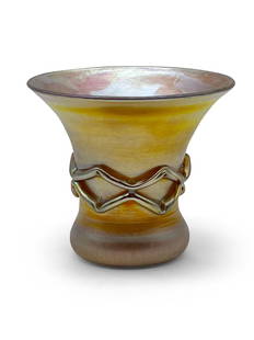 Louis Comfort Tiffany Favrile Glass Vase: A Louis Comfort Tiffany favrile glass vase. Signed on base. 4in tall x 4-1/2in wide. | Philadelphia Metro area delivery, NYC curbside delivery, and international third-party shipper information are al